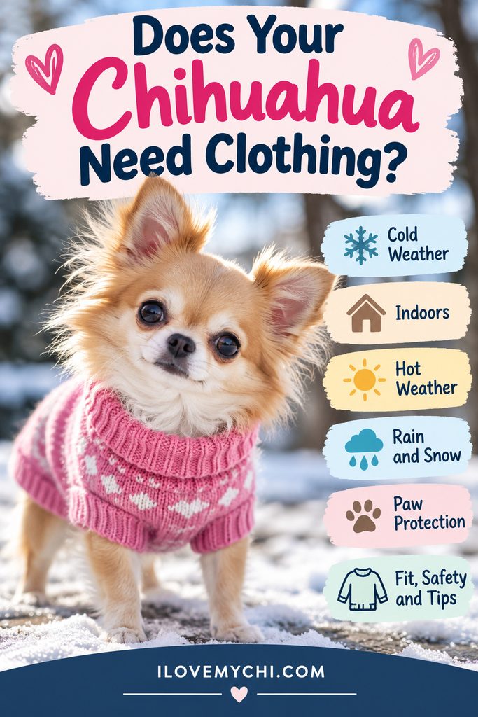 Long-haired Chihuahua wearing a pink sweater in the snow beside tips about cold weather, indoor clothing, hot weather, rain and snow, paw protection, and clothing safety.