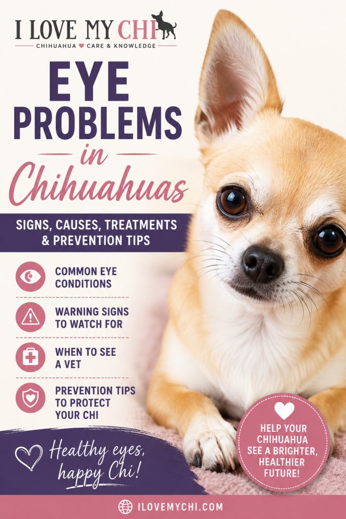 Pinterest graphic featuring a tan Chihuahua with large expressive eyes beside the text “Eye Problems in Chihuahuas: Signs, Causes, Treatments & Prevention Tips” with the I Love My Chi logo and eye health warning icons.