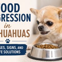 Tan Chihuahua showing resource guarding behavior while standing over a stainless steel food bowl, with overlay text reading 