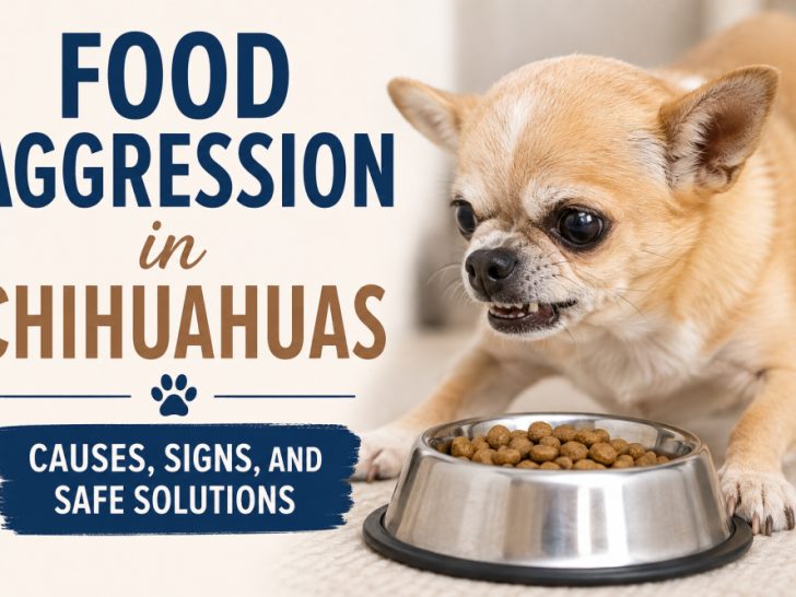 Tan Chihuahua showing resource guarding behavior while standing over a stainless steel food bowl, with overlay text reading "Food Aggression in Chihuahuas: Causes, Signs, and Safe Solutions." The dog appears tense and protective of its food, illustrating food aggression and resource guarding in Chihuahuas.