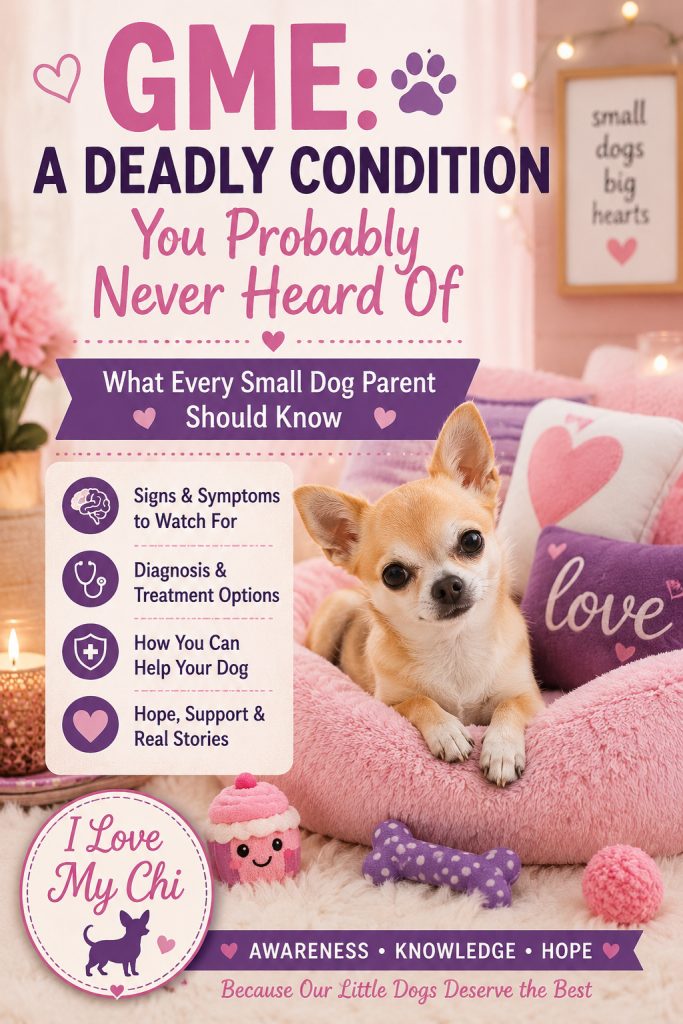 A Pinterest graphic for an article about GME in dogs featuring a tan Chihuahua resting in a cozy pink bed. The image includes the text "GME: A Deadly Condition You Probably Never Heard Of," information about symptoms, diagnosis, treatment, and hope for affected dogs, along with the I Love My Chi logo.