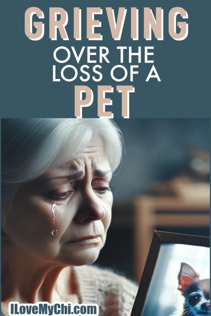 Older woman crying and holding photo of chihuahua.