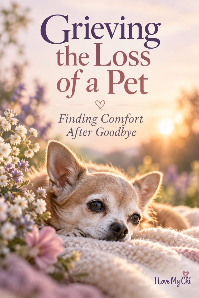 A tan and white Chihuahua resting peacefully on a soft blanket surrounded by delicate flowers in warm sunset light. Text reads “Grieving the Loss of a Pet – Finding Comfort After Goodbye,” with the I Love My Chi logo in the bottom corner.