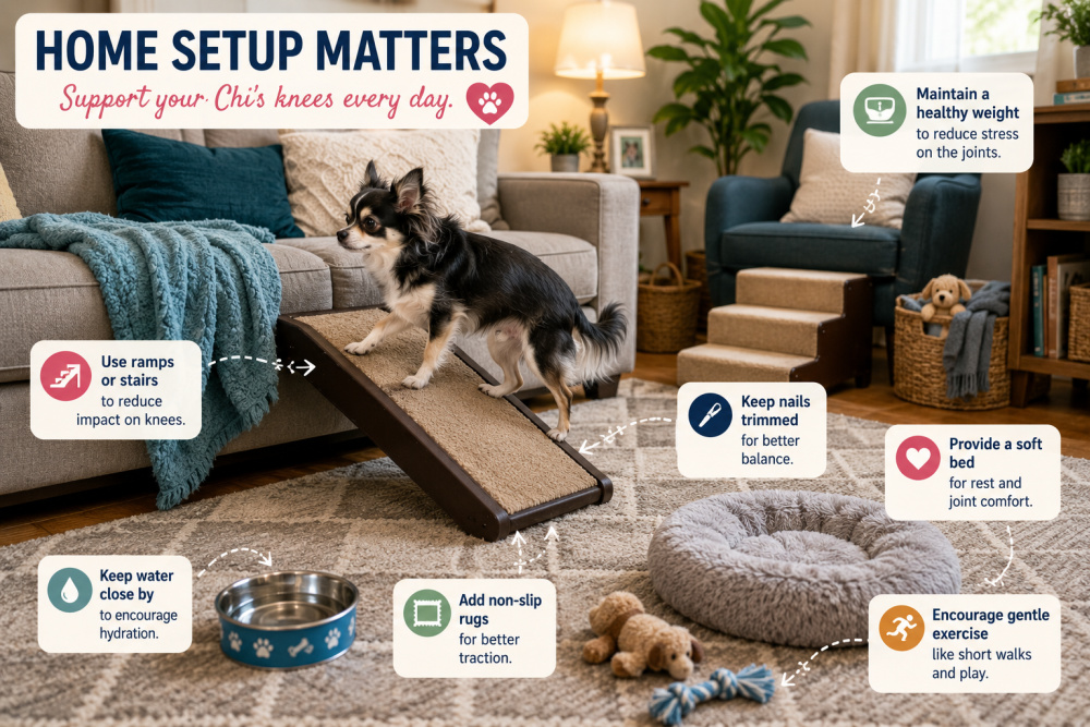 A black-and-white Chihuahua walks up a pet ramp in a cozy living room designed for joint health. The educational image shows helpful home modifications for dogs with a luxating patella, including pet stairs, non-slip rugs, a soft dog bed, accessible water bowl, and gentle exercise tips to help reduce stress on the knees and improve mobility.