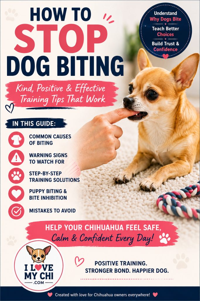 Chihuahua gently mouthing a person’s finger beside text reading “How to Stop Dog Biting” with positive training tips and warning sign information.