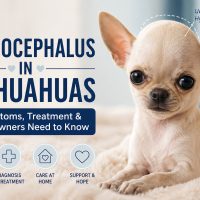 Featured image for Hydrocephalus in Chihuahuas article showing a cream Chihuahua puppy with a rounded head lying on a soft blanket beside text about symptoms, treatment, and care.