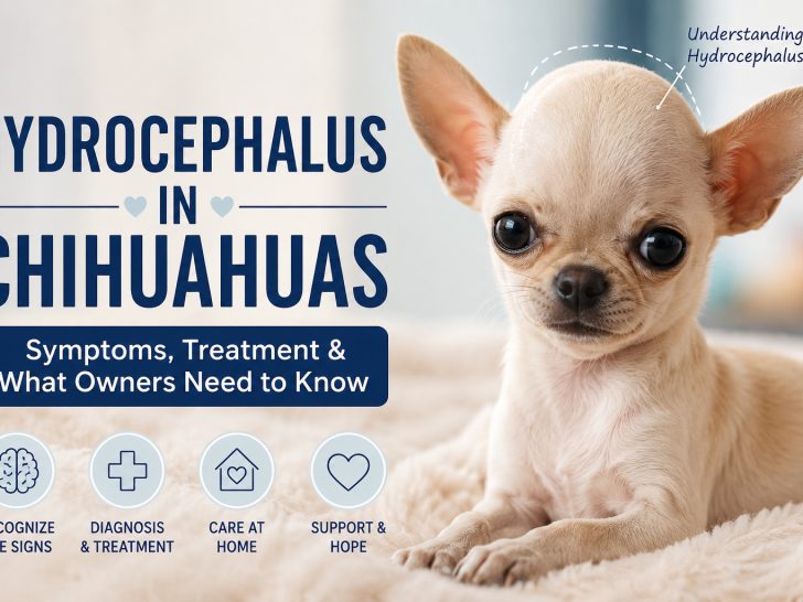 Featured image for Hydrocephalus in Chihuahuas article showing a cream Chihuahua puppy with a rounded head lying on a soft blanket beside text about symptoms, treatment, and care.