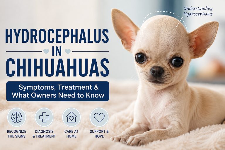 Featured image for Hydrocephalus in Chihuahuas article showing a cream Chihuahua puppy with a rounded head lying on a soft blanket beside text about symptoms, treatment, and care.
