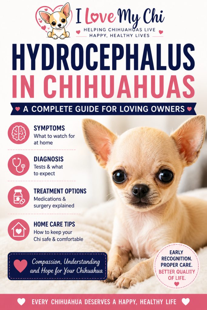 Pinterest image for a Hydrocephalus in Chihuahuas article featuring a cream Chihuahua puppy, educational text about symptoms and treatment, and an I Love My Chi logo at the top.