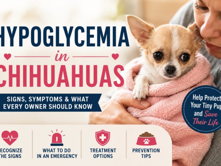 A tiny tan-and-white Chihuahua puppy wrapped in a soft pink blanket is gently held by its owner, illustrating hypoglycemia in Chihuahuas. The featured image includes the title "Hypoglycemia in Chihuahuas: Signs, Symptoms & What Every Owner Should Know" and emphasizes recognizing symptoms, emergency treatment, and prevention.