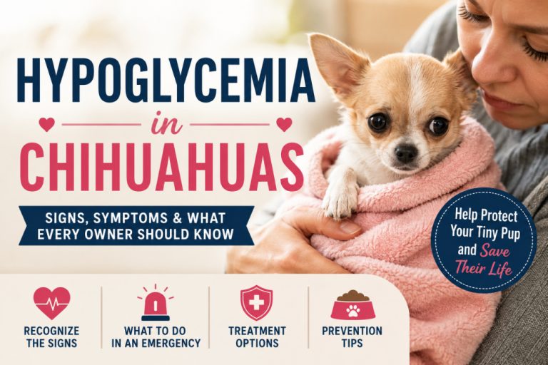 A tiny tan-and-white Chihuahua puppy wrapped in a soft pink blanket is gently held by its owner, illustrating hypoglycemia in Chihuahuas. The featured image includes the title "Hypoglycemia in Chihuahuas: Signs, Symptoms & What Every Owner Should Know" and emphasizes recognizing symptoms, emergency treatment, and prevention.