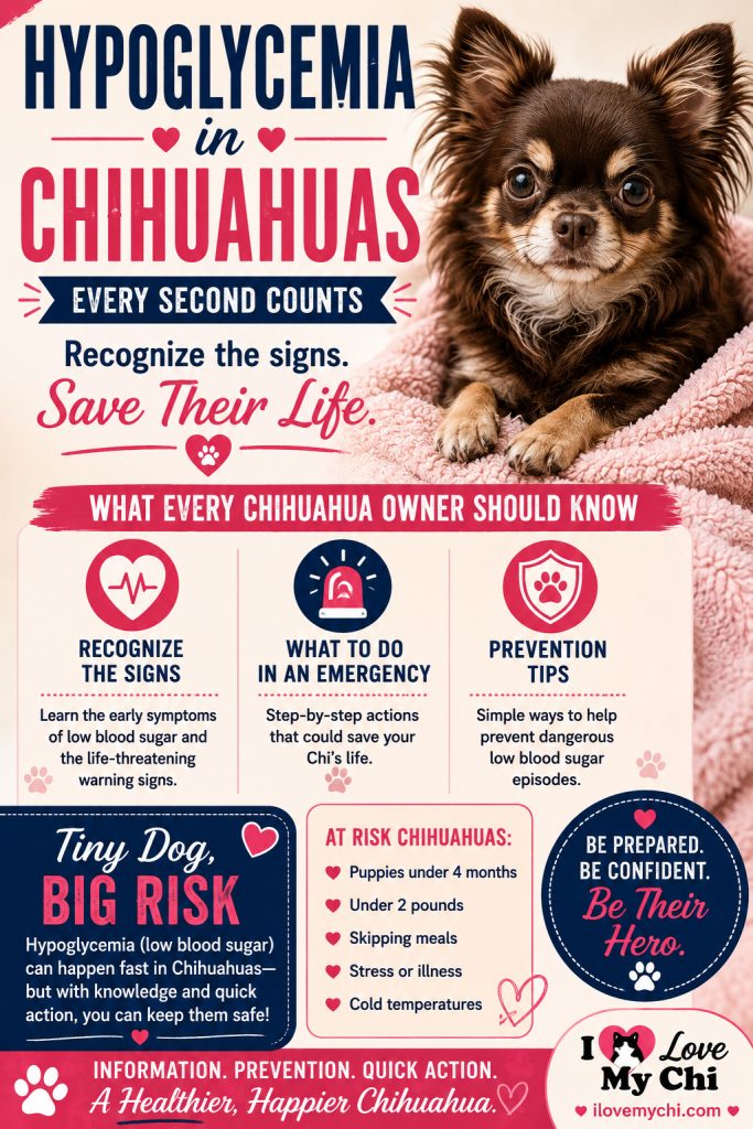 Vertical Pinterest graphic about hypoglycemia in Chihuahuas featuring a chocolate long-haired Chihuahua resting on a soft pink blanket. The graphic includes the headlines 