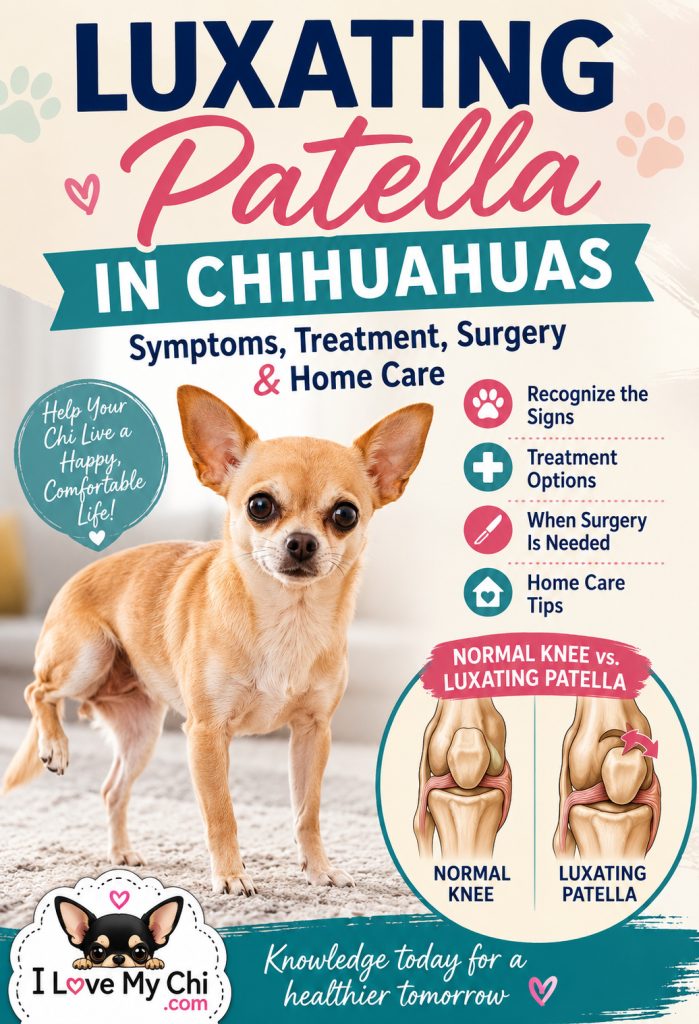 Vertical Pinterest graphic for an article about luxating patella in Chihuahuas featuring a tan Chihuahua lifting one back leg to illustrate the classic