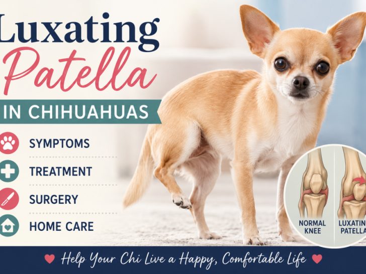 A tan Chihuahua stands with one back leg lifted, illustrating the classic "skipping" gait caused by a luxating patella. The featured image includes the title "Luxating Patella in Chihuahuas" and a comparison diagram showing a normal knee versus a luxating patella, highlighting symptoms, treatment, surgery, and home care.