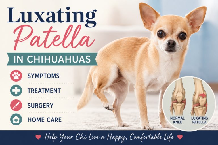 A tan Chihuahua stands with one back leg lifted, illustrating the classic "skipping" gait caused by a luxating patella. The featured image includes the title "Luxating Patella in Chihuahuas" and a comparison diagram showing a normal knee versus a luxating patella, highlighting symptoms, treatment, surgery, and home care.
