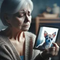 old woman crying holding a photo of a chihuahua