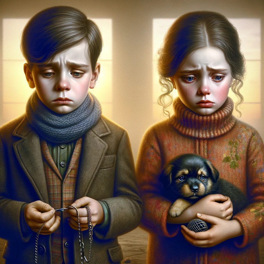 Sad little boy and girl holding a dog collar, ball and puppy.