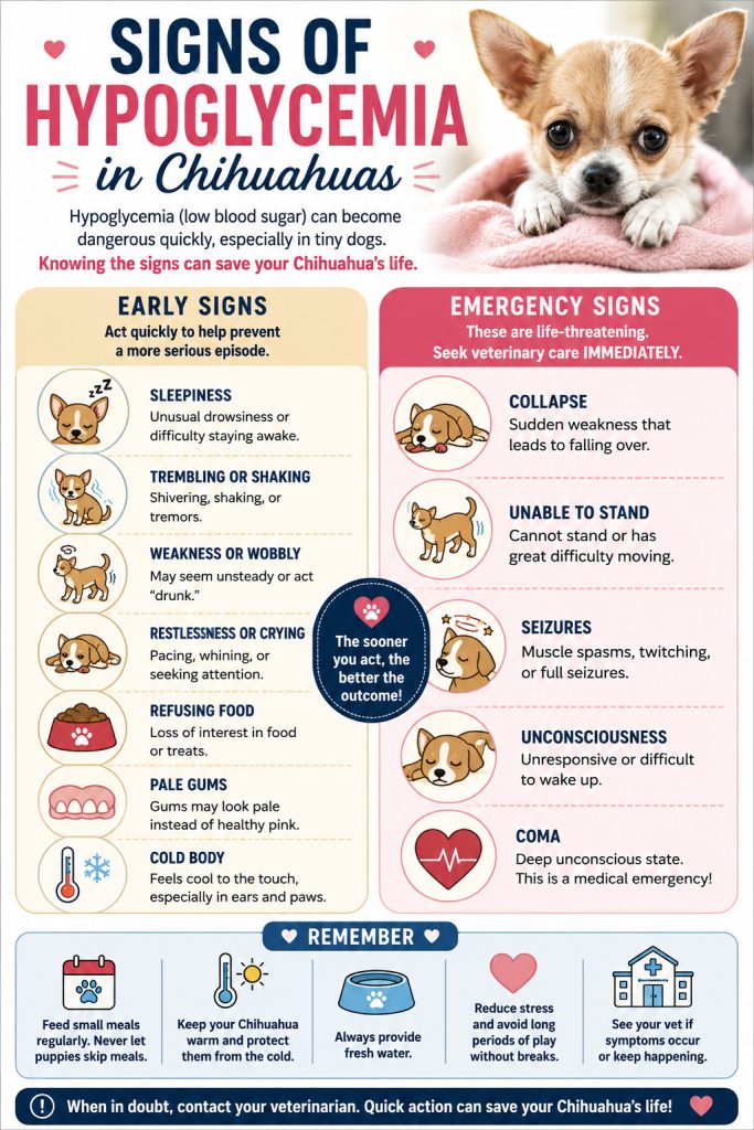 Infographic explaining the signs of hypoglycemia in Chihuahuas, featuring a small Chihuahua puppy and a comparison of early symptoms versus emergency warning signs. The infographic highlights sleepiness, shaking, weakness, wobbliness, pale gums, and cold body as early signs, along with collapse, inability to stand, seizures, unconsciousness, and coma as life-threatening emergencies. Prevention tips encourage frequent meals, keeping puppies warm, reducing stress, and seeking prompt veterinary care.