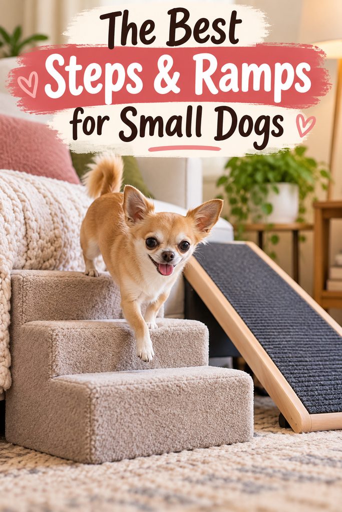 Pinterest graphic featuring a Chihuahua using soft pet stairs beside a dog ramp, with text reading “The Best Steps & Ramps for Small Dogs.”