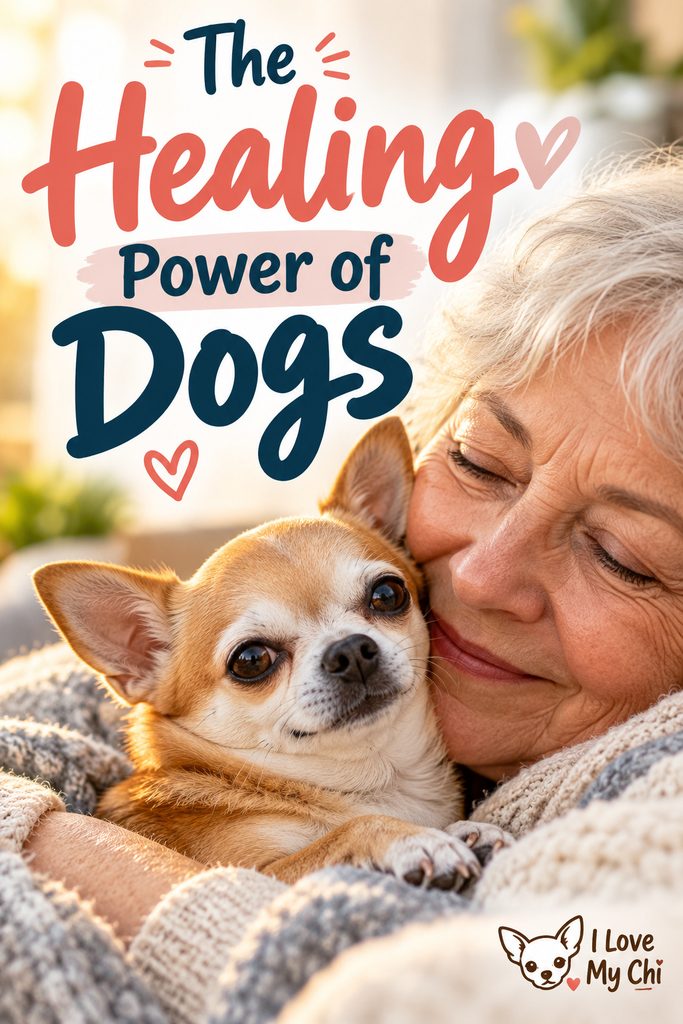 “The Healing Power of Dogs” featuring an older woman lovingly cuddling a tan and white Chihuahua, with the I Love My Chi logo.