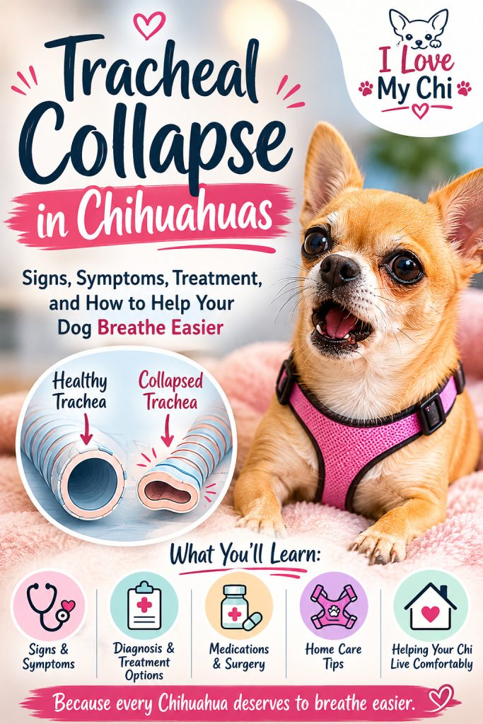 Pinterest graphic about tracheal collapse in Chihuahuas featuring a tan Chihuahua wearing a pink harness, a comparison of healthy vs collapsed trachea, symptom and treatment icons, and the I Love My Chi logo in the corner.