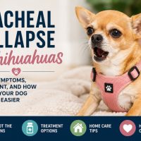 Tan short-haired Chihuahua wearing a pink harness and coughing while lying on a soft blanket beside text about tracheal collapse in Chihuahuas, including signs, symptoms, treatment, and home care tips.
