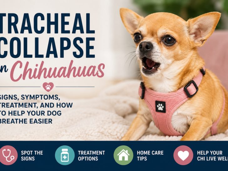 Tan short-haired Chihuahua wearing a pink harness and coughing while lying on a soft blanket beside text about tracheal collapse in Chihuahuas, including signs, symptoms, treatment, and home care tips.