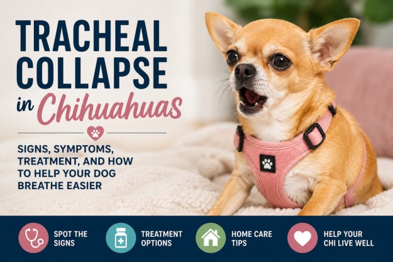 Tan short-haired Chihuahua wearing a pink harness and coughing while lying on a soft blanket beside text about tracheal collapse in Chihuahuas, including signs, symptoms, treatment, and home care tips.