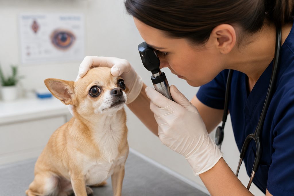 Veterinarian in blue scrubs using an ophthalmoscope to examine a Chihuahua’s eyes during a veterinary eye exam in a clinic exam room.