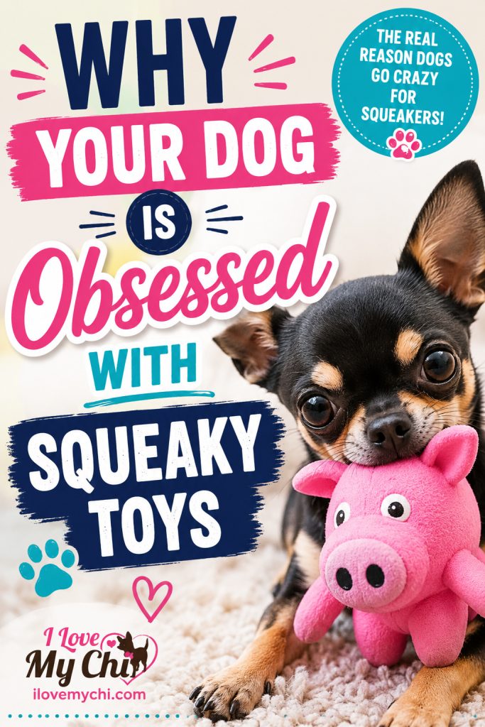 Pinterest graphic featuring a black and tan Chihuahua holding a pink squeaky pig toy with the text “Why Your Dog Is Obsessed With Squeaky Toys.” The image includes the I Love My Chi logo and highlights the reasons dogs love squeaky toys.