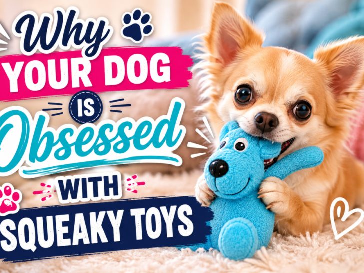 A black and tan Chihuahua lying on a carpet while holding a pink squeaky pig toy in its mouth beside text that says “Why Your Dog Is Obsessed With Squeaky Toys.”
