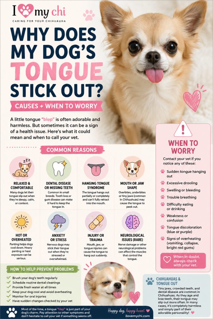A Pinterest-style infographic titled ‘Why Does My Dog’s Tongue Stick Out? Causes + When to Worry’ featuring a cute tan Chihuahua with its tongue sticking out. The graphic explains common causes including relaxation, dental disease, hanging tongue syndrome, overheating, anxiety, injury, and neurological issues. It also includes warning signs that require a vet visit and prevention tips. The I Love My Chi logo appears at the top.