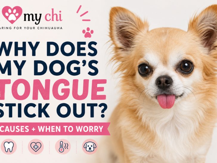 Featured image for a dog health article titled ‘Why Does My Dog’s Tongue Stick Out? Causes + When to Worry’ showing a cute tan long-haired Chihuahua with its tongue sticking out slightly. The image includes the I Love My Chi logo and colorful text about common causes and warning signs.