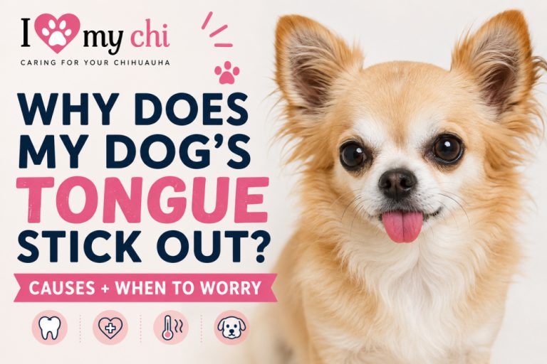 Featured image for a dog health article titled ‘Why Does My Dog’s Tongue Stick Out? Causes + When to Worry’ showing a cute tan long-haired Chihuahua with its tongue sticking out slightly. The image includes the I Love My Chi logo and colorful text about common causes and warning signs.
