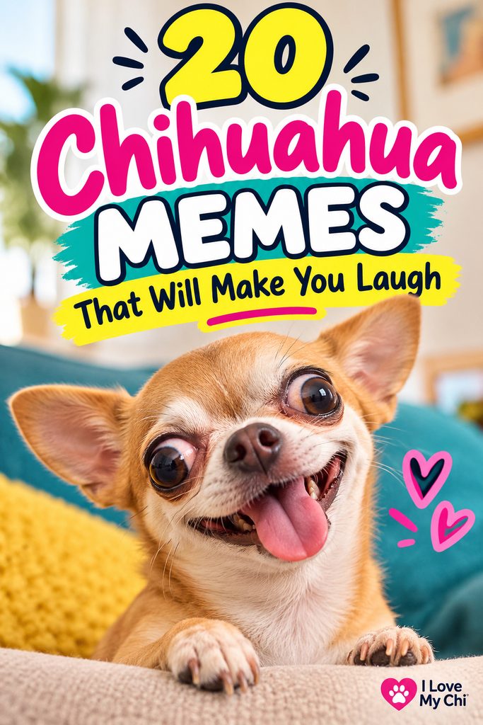 Pinterest graphic featuring a funny wide-eyed Chihuahua with its tongue out, with colorful text reading “20 Chihuahua Memes That Will Make You Laugh” and the I Love My Chi logo.
