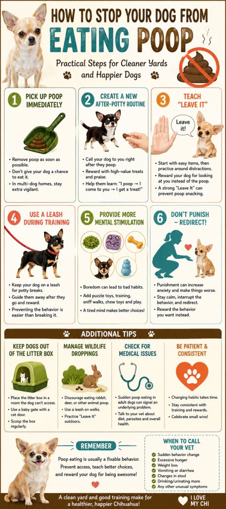 Infographic showing six ways to stop a dog from eating poop, including immediate cleanup, rewarding after potty breaks, teaching “Leave It,” using a leash, providing enrichment, and redirecting instead of punishing.