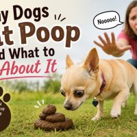 Featured image showing a Chihuahua sniffing poop on the grass while a concerned owner tries to stop him, with the text “Why Dogs Eat Poop and What to Do About It.”