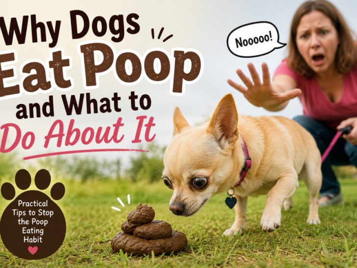 Featured image showing a Chihuahua sniffing poop on the grass while a concerned owner tries to stop him, with the text “Why Dogs Eat Poop and What to Do About It.”