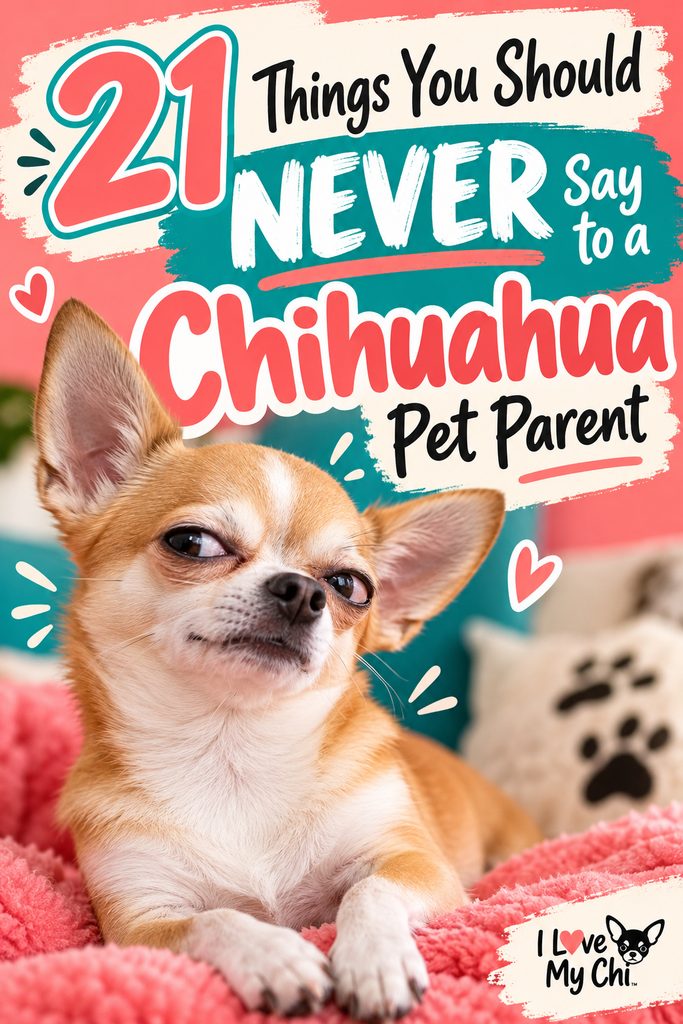 Tan and white Chihuahua with a sassy expression lying on a pink blanket beneath the text “21 Things You Should Never Say to a Chihuahua Pet Parent,” with a colorful coral and teal background and the I Love My Chi logo.
