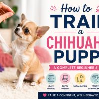An adorable Chihuahua puppy learning to sit while looking up at a treat during a positive reinforcement training session. Text overlay reads