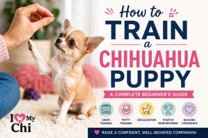 An adorable Chihuahua puppy learning to sit while looking up at a treat during a positive reinforcement training session. Text overlay reads "How to Train a Chihuahua Puppy: A Complete Beginner's Guide."