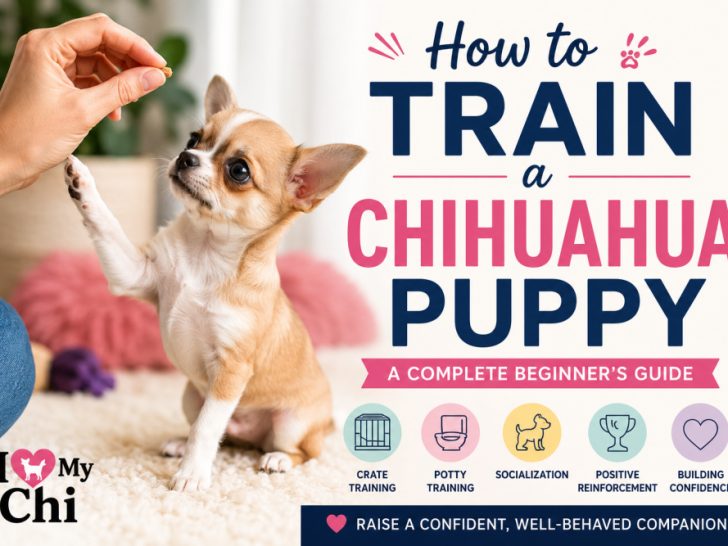 An adorable Chihuahua puppy learning to sit while looking up at a treat during a positive reinforcement training session. Text overlay reads "How to Train a Chihuahua Puppy: A Complete Beginner's Guide."