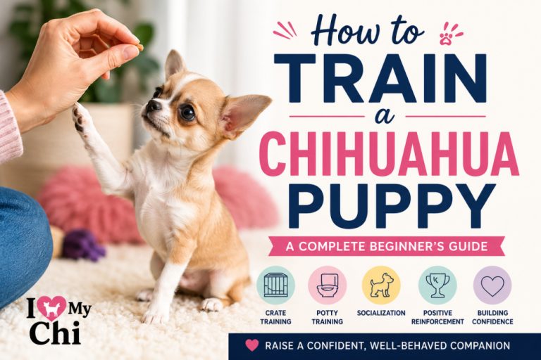 An adorable Chihuahua puppy learning to sit while looking up at a treat during a positive reinforcement training session. Text overlay reads "How to Train a Chihuahua Puppy: A Complete Beginner's Guide."