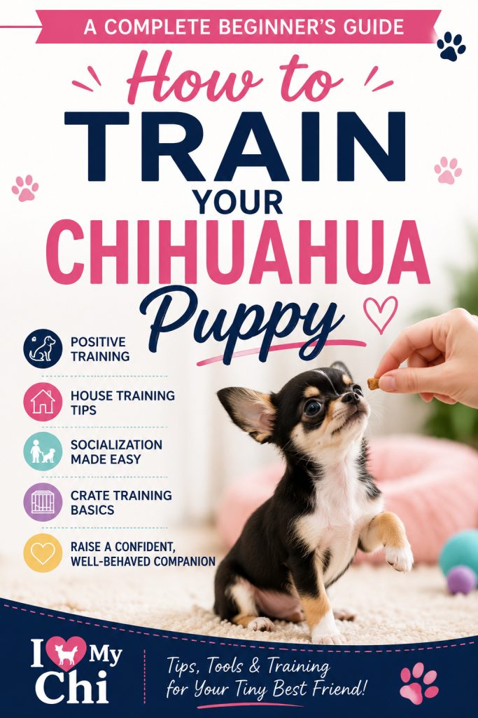 Pinterest graphic for a Chihuahua puppy training guide featuring a black-and-tan Chihuahua puppy sitting up for a treat. The image includes the title 