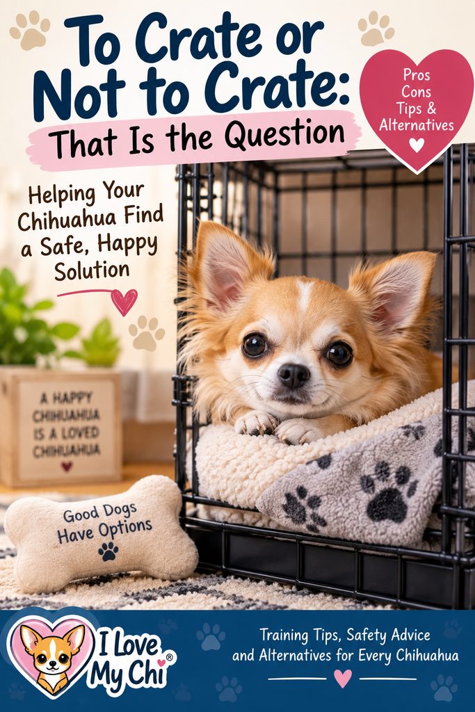 Pinterest graphic showing a Chihuahua relaxing in a cozy crate with the title “To Crate or Not to Crate: That Is the Question” and tips on crate training, safety, and alternatives.