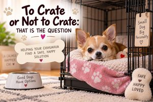 Featured image showing a Chihuahua relaxing comfortably in a cozy crate beside the text, “To Crate or Not to Crate: That Is the Question.”