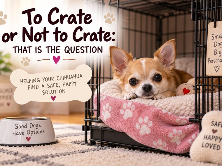 Featured image showing a Chihuahua relaxing comfortably in a cozy crate beside the text, &ldquo;To Crate or Not to Crate: That Is the Question.&rdquo;