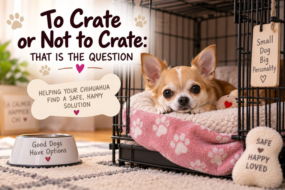 Featured image showing a Chihuahua relaxing comfortably in a cozy crate beside the text, “To Crate or Not to Crate: That Is the Question.”