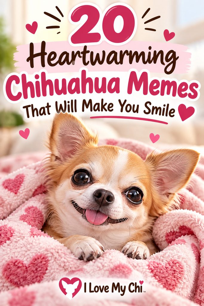 Pinterest graphic featuring a smiling Chihuahua snuggled in a pink heart-patterned blanket with the text “20 Heartwarming Chihuahua Memes That Will Make You Smile.”