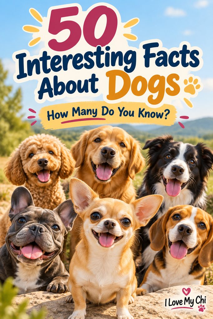 Pinterest graphic featuring a smiling Chihuahua surrounded by several happy dog breeds outdoors, with the text “50 Interesting Facts About Dogs – How Many Do You Know?” and the I Love My Chi logo.